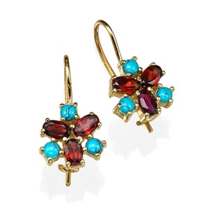 14k Gold Earring Antique victorian Style with garnet and turquoise , hand made