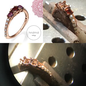 Prachtige 14k roségouden ring met een echte granaatsteen en echte parels, HANDGEMAAKT, GRATIS VERZENDING exprespost!!!
