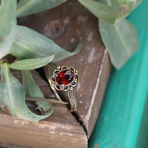 May include: A vintage-style ring with a large, oval-cut, deep red gemstone. The ring has an ornate gold-tone setting with black accents and a detailed band. The ring is set against a rustic wooden surface with green foliage.