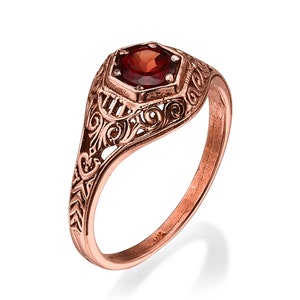 Very unique 14k Rose gold ring , antique Victorian style , with a garnet gemstone , gorgeous for engagement ring with any stones you like.