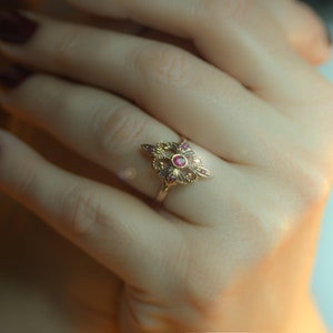 Rare 14k gold ruby handmade ring , antique style and very unique , appropriate for engagement with a diamond set instead ruby