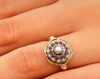 Rare Handmade Victorian Antique 14k Yellow Gold / Real Ruby and Pearl . FREE SHIPPING / Express Mail .