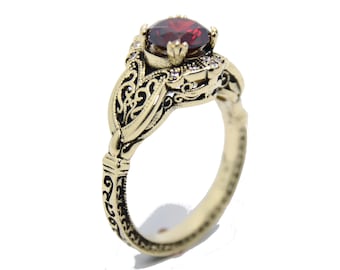 Very unique 14K Gold ring  , antique Victorian  style design , Real Garnet and Diamonds !!! Hand made by myself