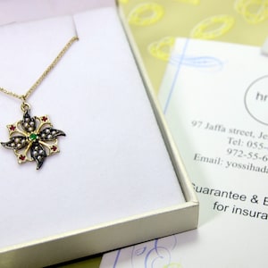 14k Gold Handmade pendant with Pearls , Ruby and Emerald - Real Gemstones , black rhodium inlay + 42cm 14k gold chain