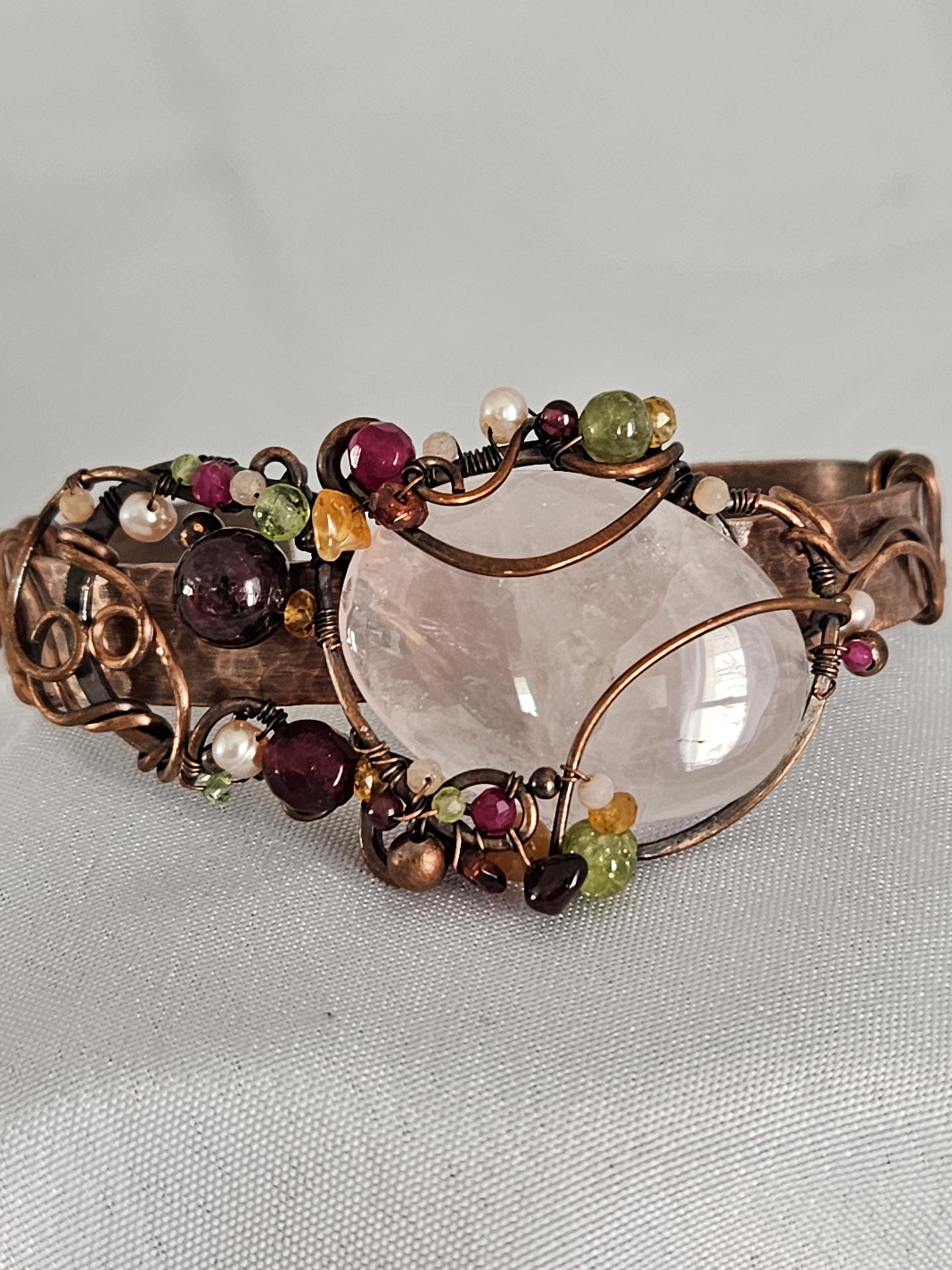 Handmade Rose Quartz Copper Wire Wrapped Cuff Bracelet