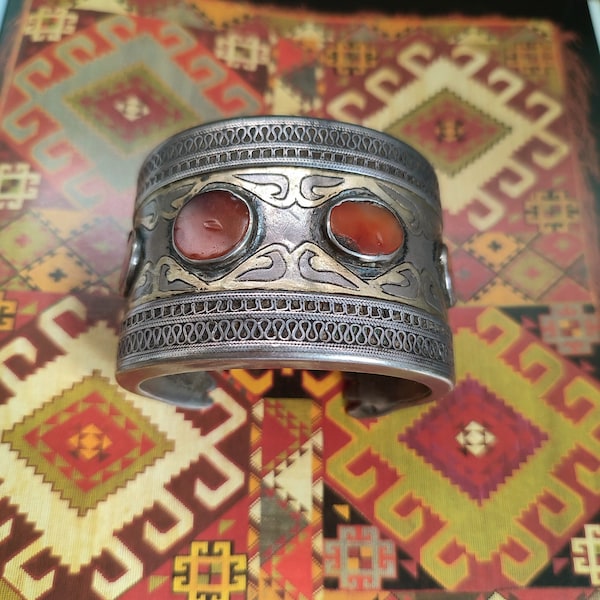 WONDERFUL Antique Yomud silver, carnelian bracelet cuff  from Turkmenistan Central Asia Tribal