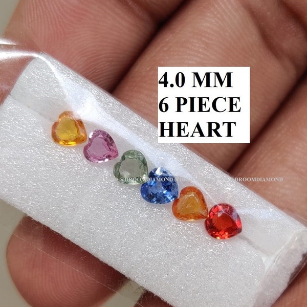 4.0 MM Heart Shape Rainbow color Sapphire set, Multi Color Loose Stones Heart Shape Gemstone, Loose Rainbow Sapphire Stone, 6 piece set