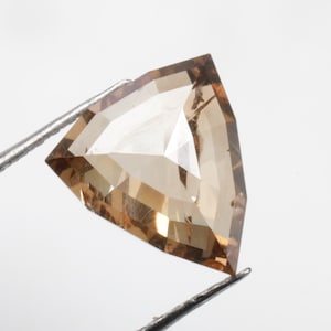 Puede incluir: Una piedra preciosa facetada de color marrón claro, de forma triangular. La piedra preciosa está sujeta por unas pinzas.