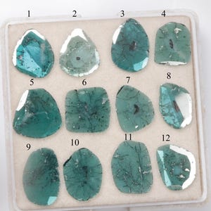 以下が含まれることがあります： 1から12まで番号が付けられたトレイに、黒いインクルージョンが入った12個の緩いファセットカットの緑色の宝石が並んでいます。
