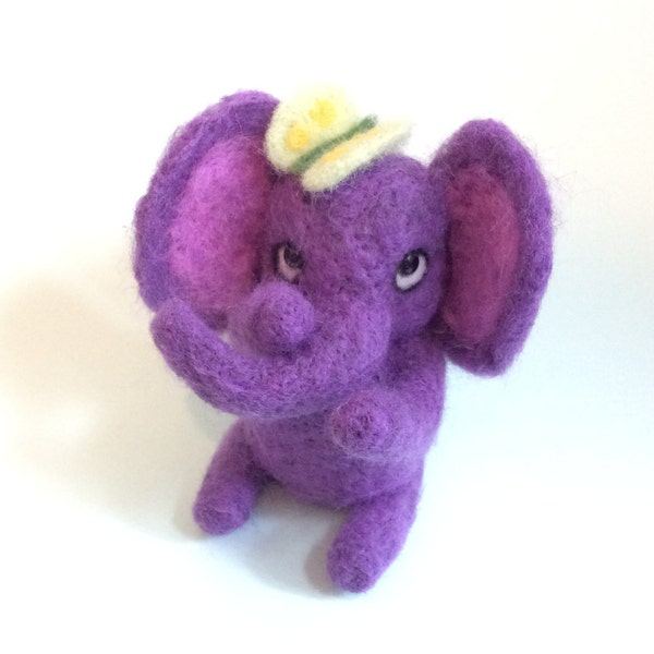 What’s that on my head?  Needle felted purple elephant with butterfly