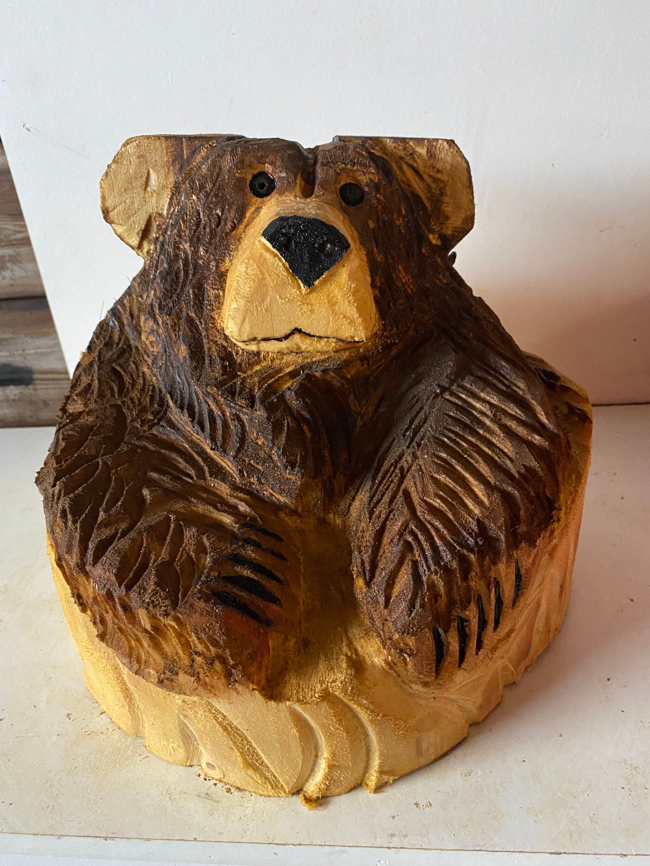 Chainsaw Carved Wooden Bear In Stump Carved Bear Carvings Etsy