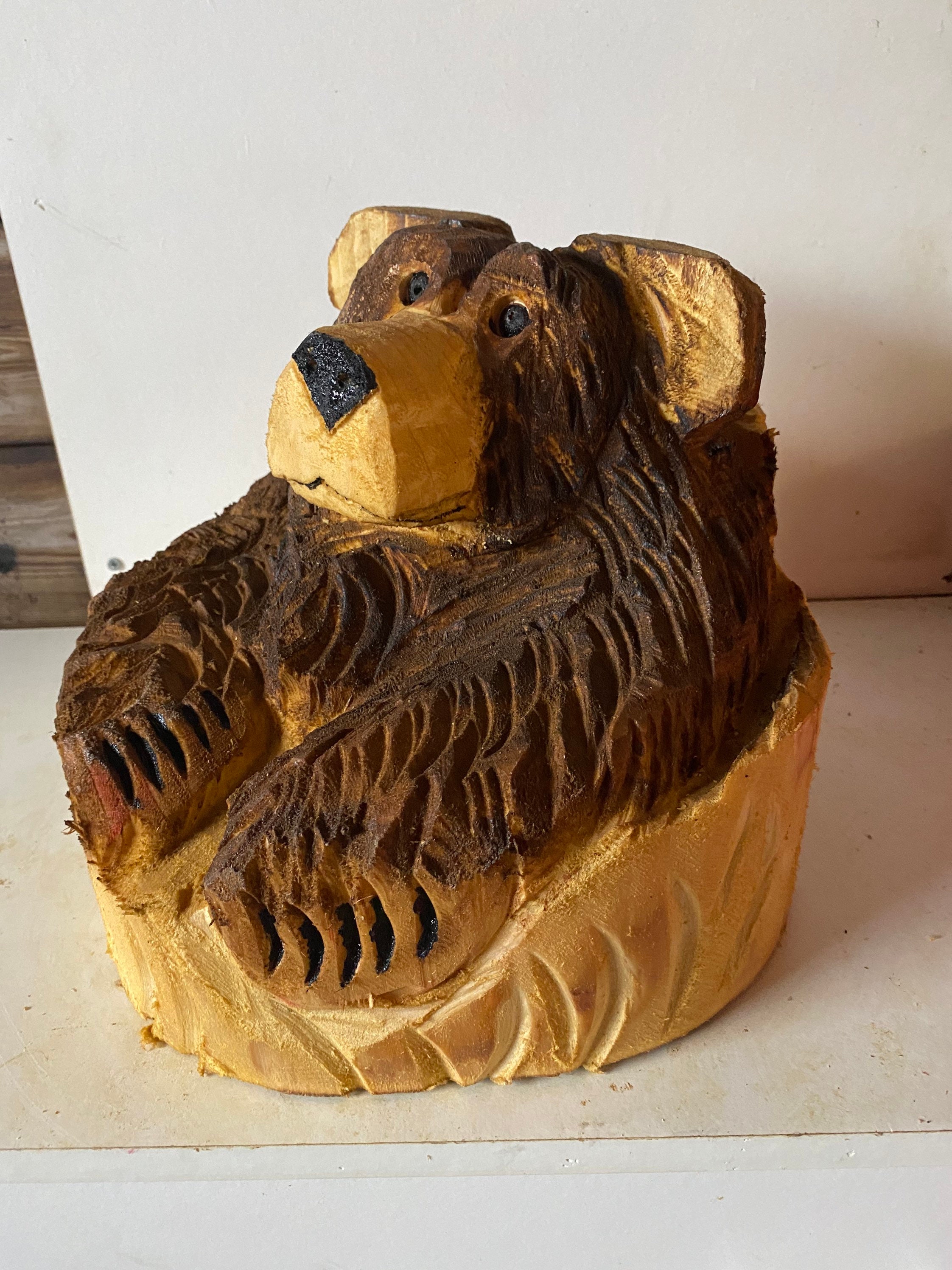 Chainsaw Carved Wooden Bear In Stump Carved Bear Carvings Etsy
