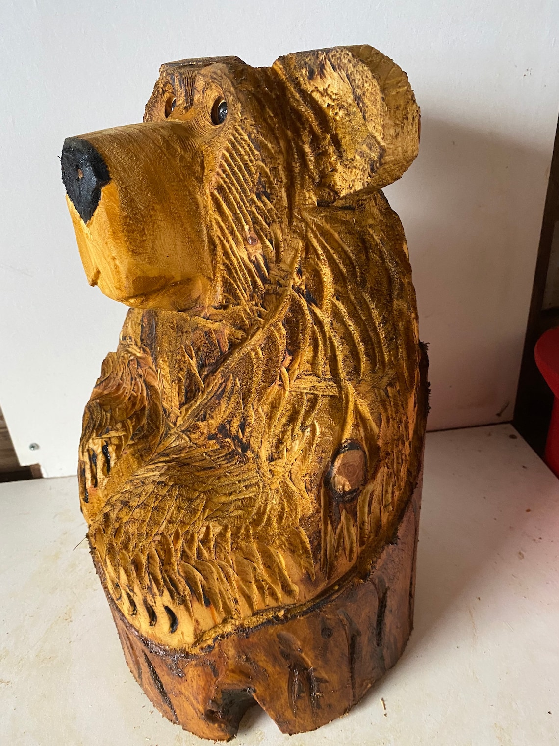 Chainsaw Carved Wooden Bear In Stump Carved Bear Carvings Etsy