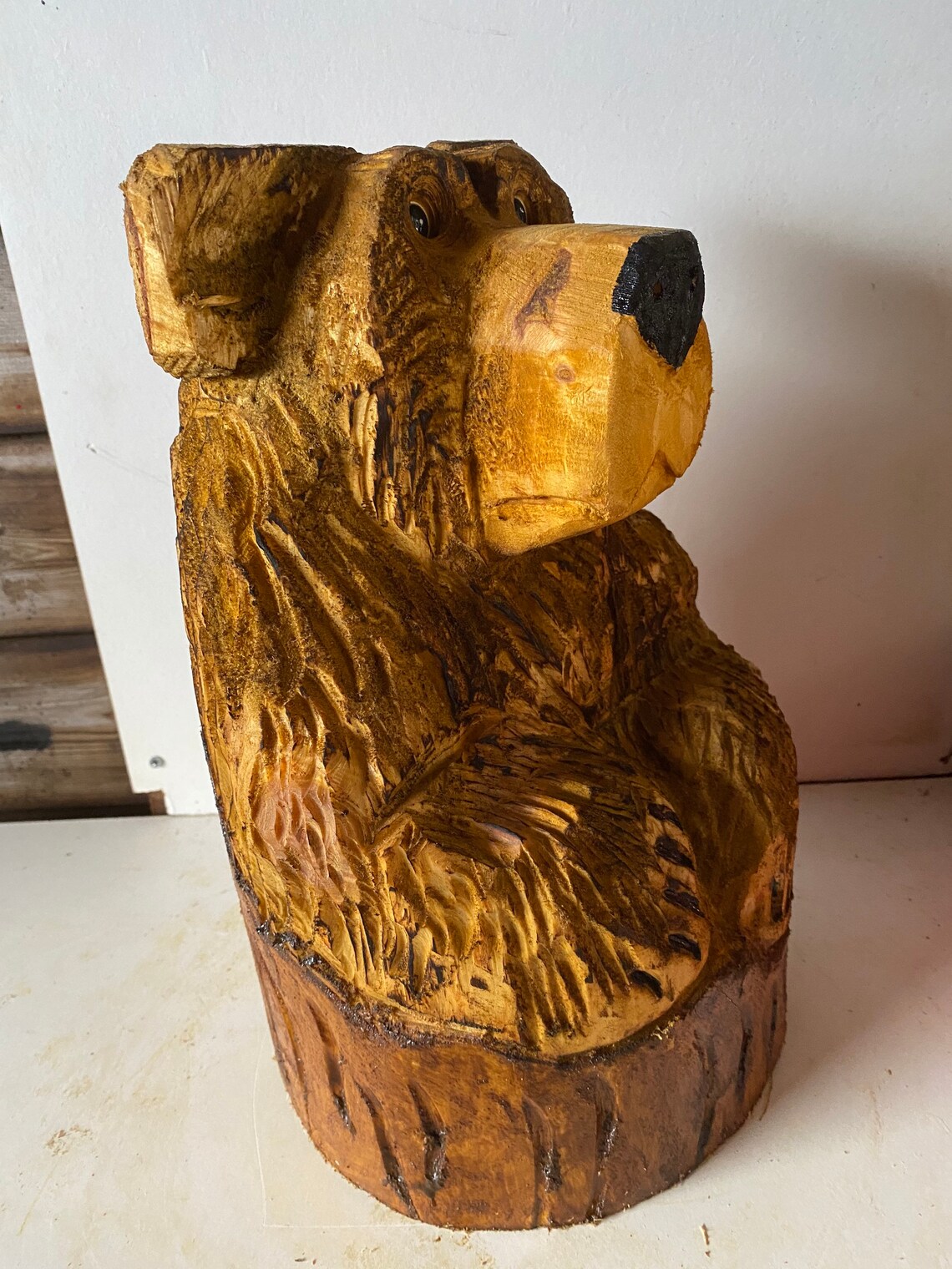 Chainsaw Carved Wooden Bear In Stump Carved Bear Carvings Etsy