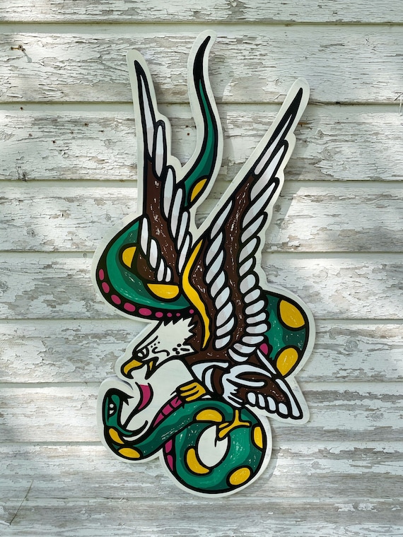 Eagle & Snake Tattoo Sign | Hand-Painted Vintage American Traditional Art | Tattoo Shop Wall Decor | Sailor Jerry Style Wood Sign
