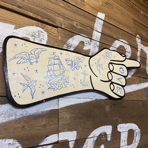 Tattoo sign, hand painted sign, pointing hand sign, tattoo shop sign, tattoo art