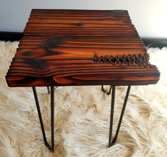 Copper Stitched Shou Sugi Ban End Table Custom Made With Uk Copper Stitched Shou Sugi Ban End Table, Custom Made Copper Coffee Table