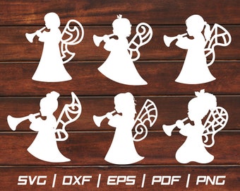 May include: Six white silhouette cutouts of angels playing trumpets. The angels have wings and are in various poses. The cutouts are on a brown wood background.