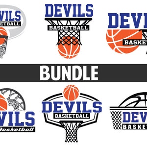 May include: A set of six basketball team logos featuring the word "Devils" in blue text with a basketball and hoop design. The logos are in different styles and colors, including black, white, and orange.