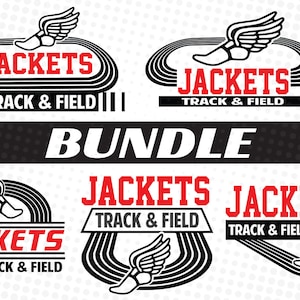 May include: A bundle of four black and red track and field logos with the word "Jackets" and "Track & Field" in red text. The logos feature a stylized running figure with wings.