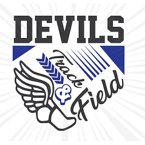 Puede incluir: Un diseño gráfico en blanco y negro con el texto "Devils Track & Field" sobre un fondo blanco con acentos azules. El gráfico presenta una zapatilla de correr estilizada con alas.