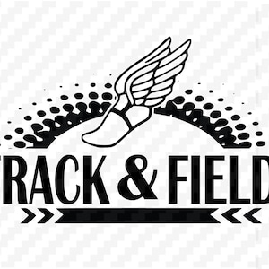 May include: Black and white graphic design of a stylized running shoe with wings, a dotted circle, and the text "TRACK & FIELD" with double arrows.