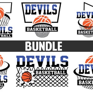 Op de afbeelding: Een set van vijf basketbalteamlogo's met het woord "Devils" in blauwe en zwarte tekst met een basketbal en een basketbalring. De logo's zijn ontworpen voor gebruik op T-shirts, kleding en andere merchandise.