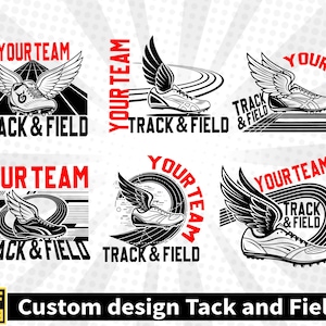 Puede incluir: Seis diseños temáticos de atletismo. Cada diseño presenta una zapatilla para correr con alas, las palabras "Your Team" en rojo y "Track & Field" en negro. Los diseños son en blanco y negro.