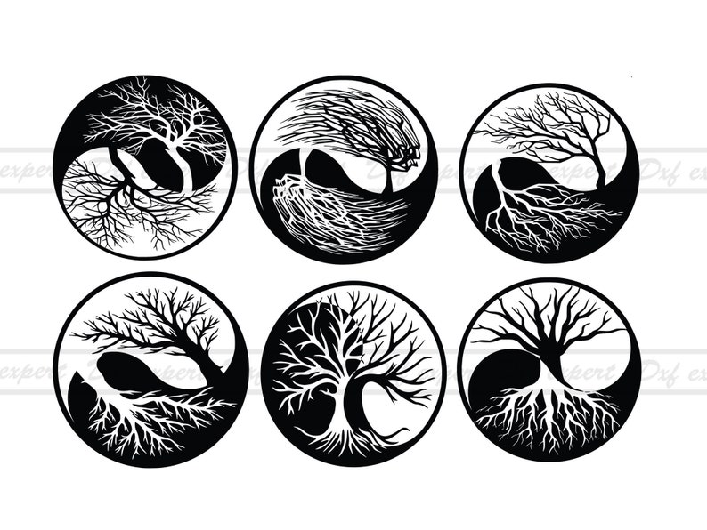 Yin yang Tree tattoo cutout Pendant silhouette SVG, EPS ,DXF image 1