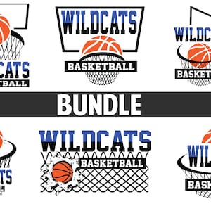 Puede incluir: Un paquete de cinco diseños diferentes para un logotipo de equipo de baloncesto. Cada diseño presenta un balón de baloncesto y una canasta de baloncesto con el texto "Wildcats Basketball".
