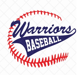 May include: A red and white baseball graphic with the text "Warriors Baseball" in a blue and white banner.