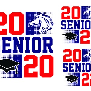 Pode incluir: Um conjunto de quatro designs de graduação com os anos 2020, 2021, 2022 e 2023. Cada design inclui a palavra "Senior" em azul, um chapéu de formatura e uma cabeça de cavalo. Os designs são em vermelho, azul e branco.
