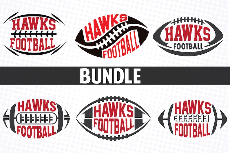 K&ouml;nnte beinhalten: Ein Satz von sechs schwarzen und roten Football-Logos mit dem Text "HAWKS FOOTBALL" in roter Schrift. Die Logos sind in zwei Reihen mit jeweils drei Logos angeordnet. Das Wort "BUNDLE" steht in schwarzer Schrift unter den Logos.