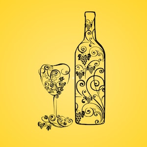 Peut inclure: Une silhouette noire d'une bouteille de vin et d'un verre avec un motif floral. La bouteille et le verre sont remplis de vignes et de volutes.