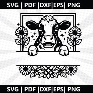 以下が含まれることがあります： 長方形の枠の中に牛が描かれ、両側にひまわりが配置された白黒のデジタルグラフィック。牛は空白の水平スペースの上に配置されており、その空白エリアの下にもひまわりと葉が描かれています。