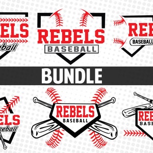 May include: A set of five baseball-themed logos featuring the word "REBEL" in red with the word "BASEBALL" underneath. The logos are in a variety of styles, including a home plate shape, a baseball diamond, and a pair of crossed bats. The logos are all set against a white background with a subtle pattern of baseball stitches.
