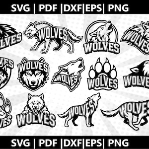 Puede incluir: Una colección de diseños gráficos en blanco y negro con temática de lobos. Los diseños incluyen varias ilustraciones de lobos, huellas de patas y la palabra "WOLVES" en diferentes fuentes y estilos. Formatos: SVG, PDF, DXF, EPS y PNG.
