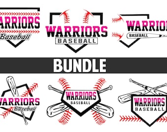 Puede incluir: Un conjunto de seis diseños de logotipos de béisbol con la palabra "WARRIORS" en rosa y negro con las palabras "Baseball" debajo. Los logotipos son de varios estilos, incluyendo una forma de home plate, un diseño de bate cruzado y un diseño de bate y pelota.