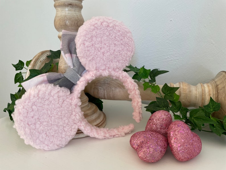 Pink and Gray Plaid Sherpa Mouse Ears, Minnie Headband, Valentine Minnie Ears, Mickey Ears, Christmas Mickey Ears, Mouse Ears, Pink Sherpa image 8