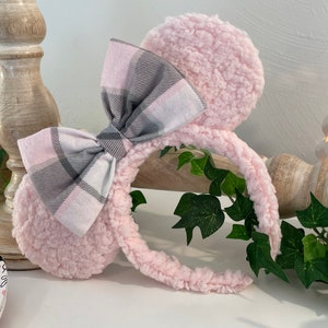 Pink and Gray Plaid Sherpa Mouse Ears, Minnie Headband, Valentine Minnie Ears, Mickey Ears, Christmas Mickey Ears, Mouse Ears, Pink Sherpa image 1