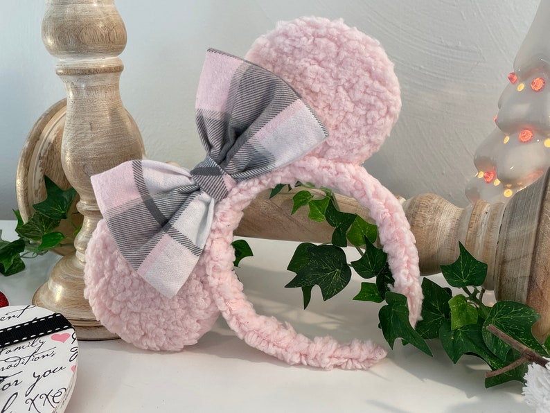 Pink and Gray Plaid Sherpa Mouse Ears, Minnie Headband, Valentine Minnie Ears, Mickey Ears, Christmas Mickey Ears, Mouse Ears, Pink Sherpa image 1