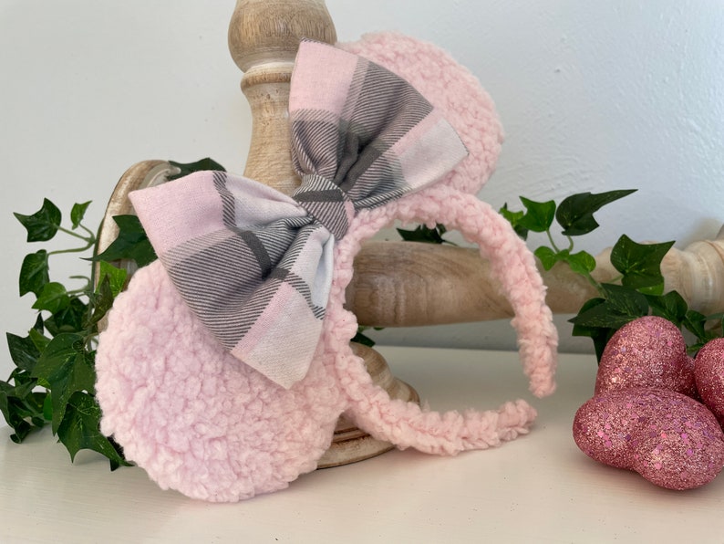 Pink and Gray Plaid Sherpa Mouse Ears, Minnie Headband, Valentine Minnie Ears, Mickey Ears, Christmas Mickey Ears, Mouse Ears, Pink Sherpa image 7