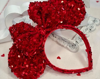 Red Sequins on Red Velvet Mouse Ears, Christmas Ears, Red velvet sequin Mouse Ears, Red Mouse Ears Headband, Valentine's Day Mouse Ears