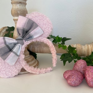 Pink and Gray Plaid Sherpa Mouse Ears, Minnie Headband, Valentine Minnie Ears, Mickey Ears, Christmas Mickey Ears, Mouse Ears, Pink Sherpa image 6