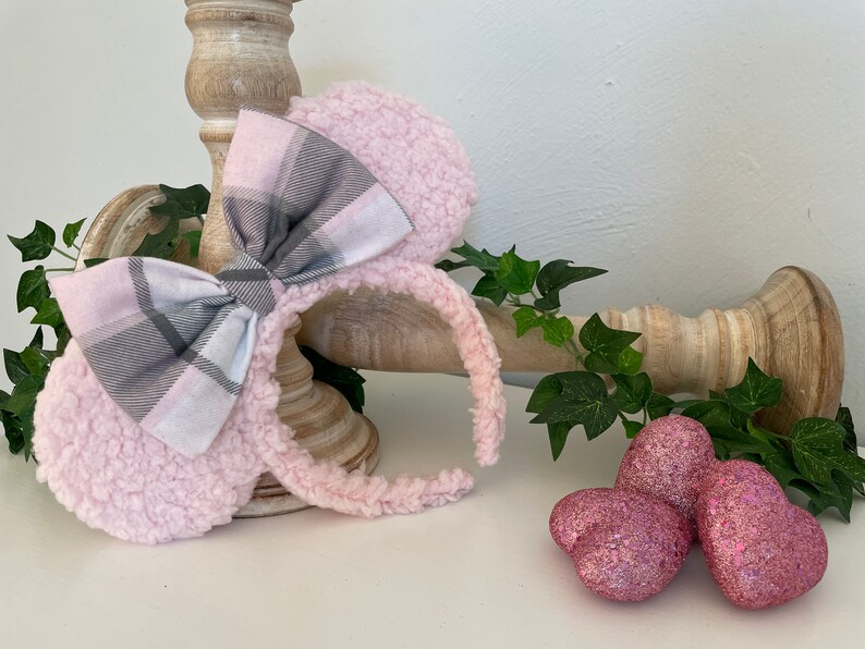 Pink and Gray Plaid Sherpa Mouse Ears, Minnie Headband, Valentine Minnie Ears, Mickey Ears, Christmas Mickey Ears, Mouse Ears, Pink Sherpa image 6