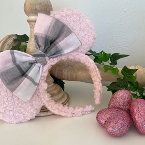 Pink and Gray Plaid Sherpa Mouse Ears, Minnie Headband, Valentine Minnie Ears, Mickey Ears, Christmas Mickey Ears, Mouse Ears, Pink Sherpa image 5