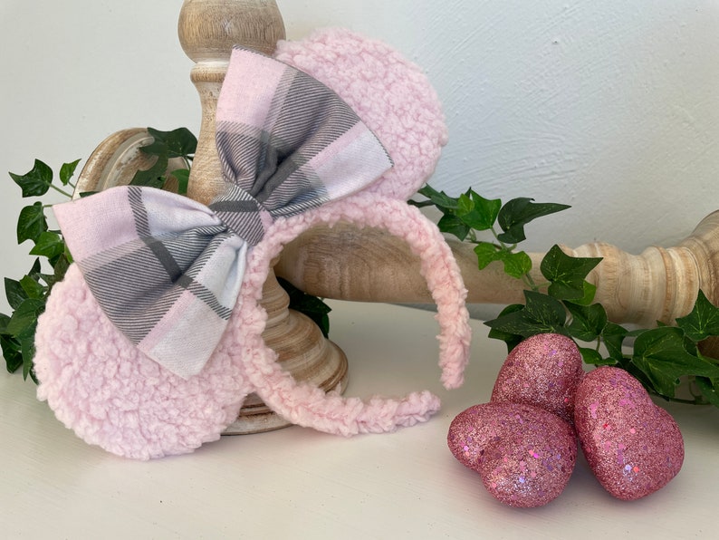 Pink and Gray Plaid Sherpa Mouse Ears, Minnie Headband, Valentine Minnie Ears, Mickey Ears, Christmas Mickey Ears, Mouse Ears, Pink Sherpa image 5