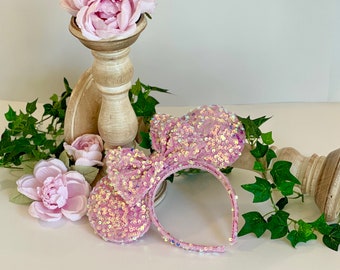 Pink Iridescent Sequins on Pink Velvet Mouse Ears, Sleeping Beauty Inspired Mouse Ears, Mouse Ears Headband, Princess Mouse Ears