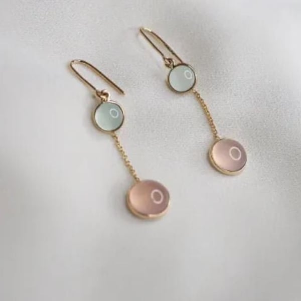 Rose Quartz and Aqua Chalcedony Earring, 925 Silver Hooks, Cabochon Round Stones, Chain Earrings, Valentine's Day Gift, Gift for Girlfriend