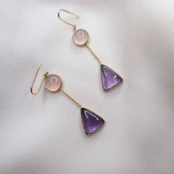 Rose Quartz and Amethyst Earring, 925 Silver Hooks, Cabochon Round Triangle Stone, Chain Earrings, Valentine's Day Gift, Gift for Girlfriend